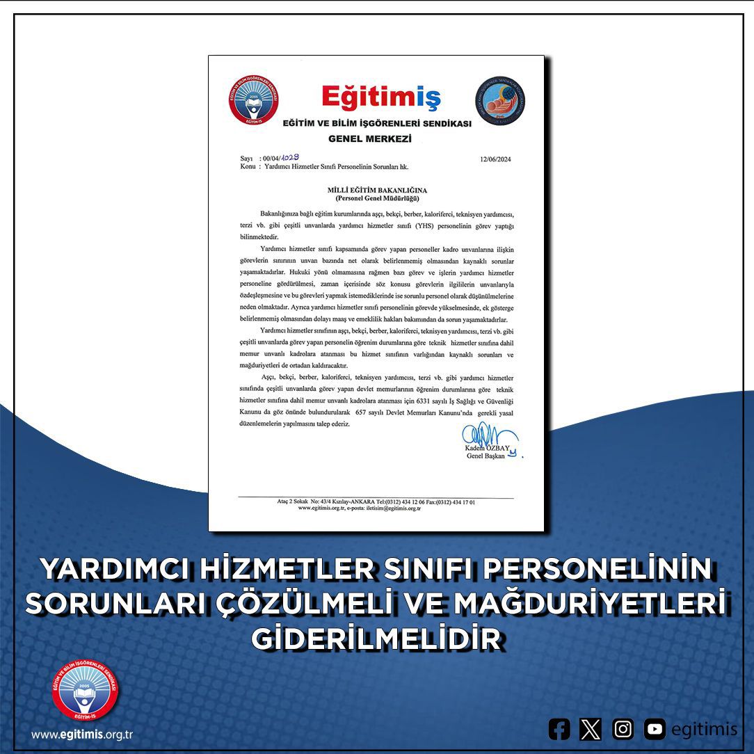 YARDIMCI HİZMETLER SINIFI PERSONELİNİN SORUNLARI ÇÖZÜLMELİ VE MAĞDURİYETLERİ GİDERİLMELİDİR
